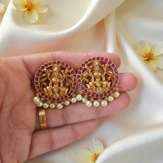 Lakshmi Pendant Necklace Set With Red-Green Stones