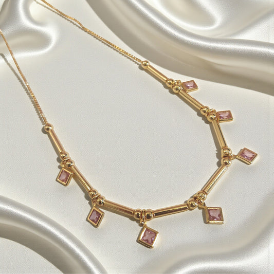 Pink Stone Drop Bar Necklace