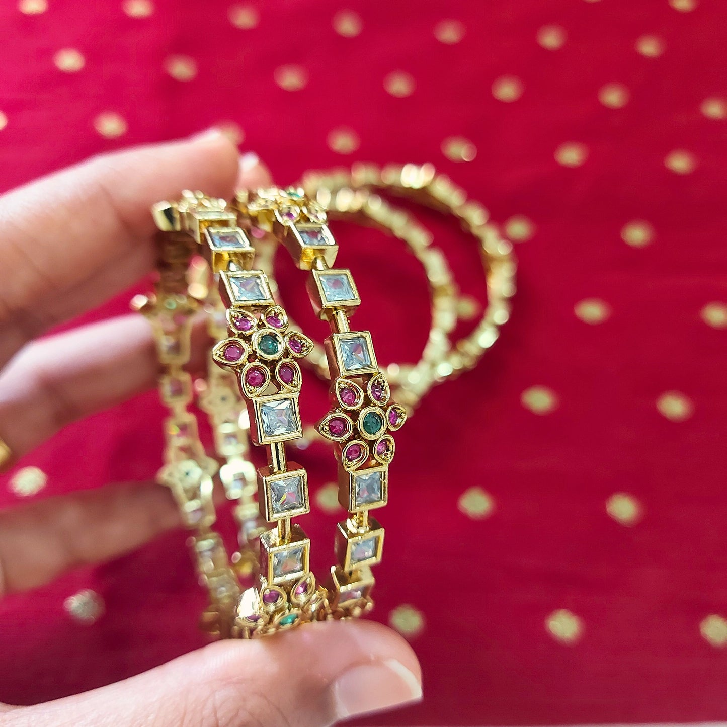 Floral AD Stone Bangles - Set of 2