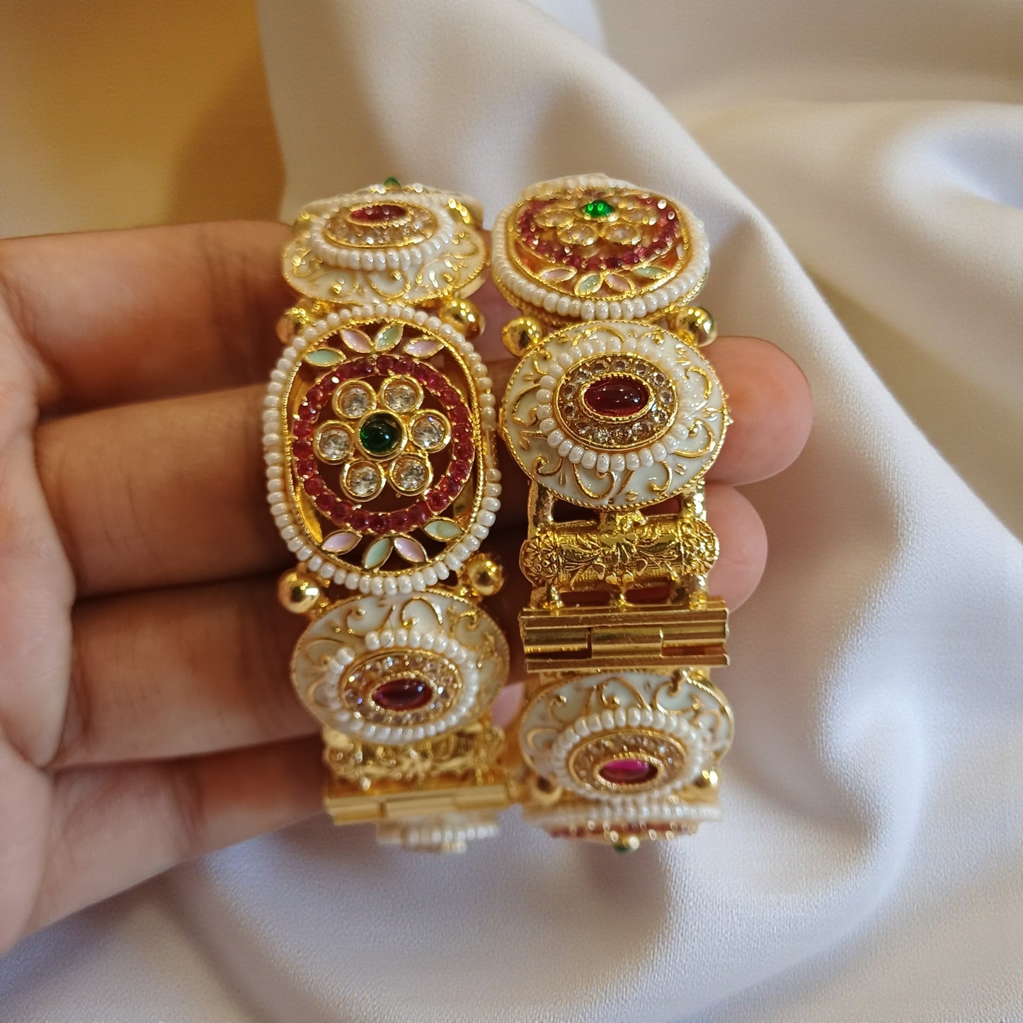Ivory Meenakari Floral Openable Single Bangle – Ruby & Emerald Accents