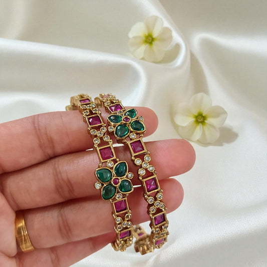 Floral AD Stone Bangles - Set of 2