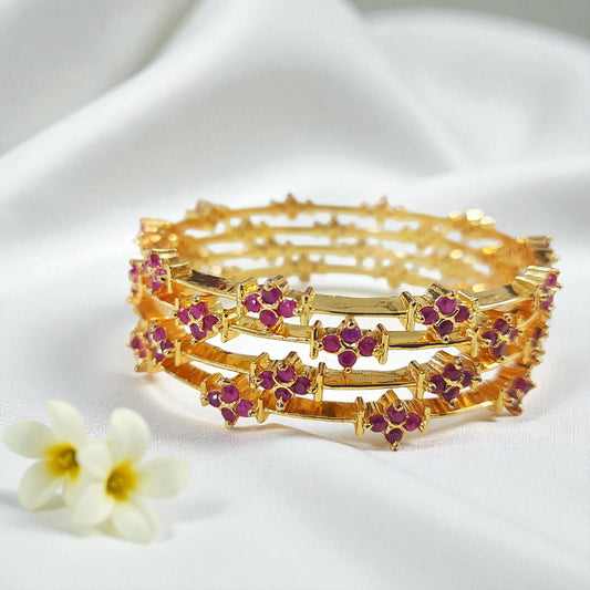 Ruby Stone Floral Bangles - Set of 2