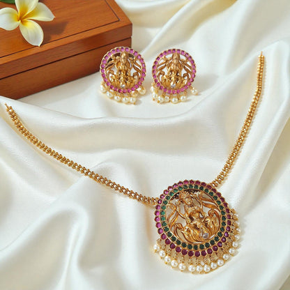 Lakshmi Pendant Necklace Set With Red-Green Stones