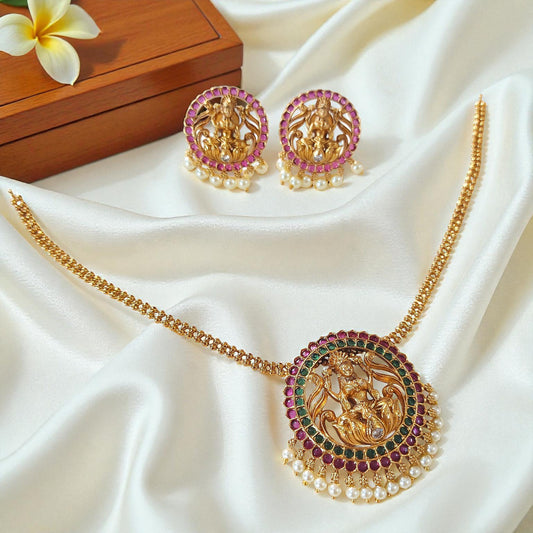 Lakshmi Pendant Necklace Set With Red-Green Stones