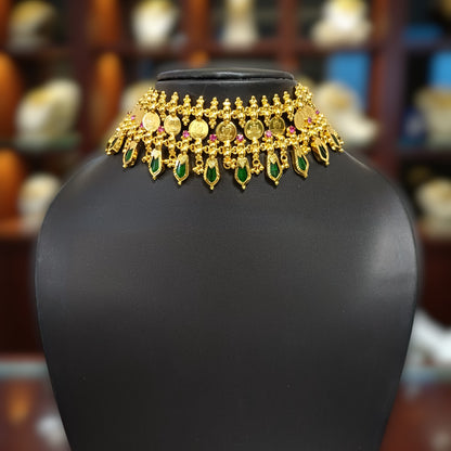 Gold-Tone Lakshmi Kaasu Choker with Green Nagapadam Drops