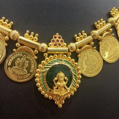 Gold-Plated Lakshmi Kaasu Necklace with Green Palakka Pendant