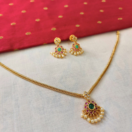 Ruby Emerald Pearl Necklace Set
