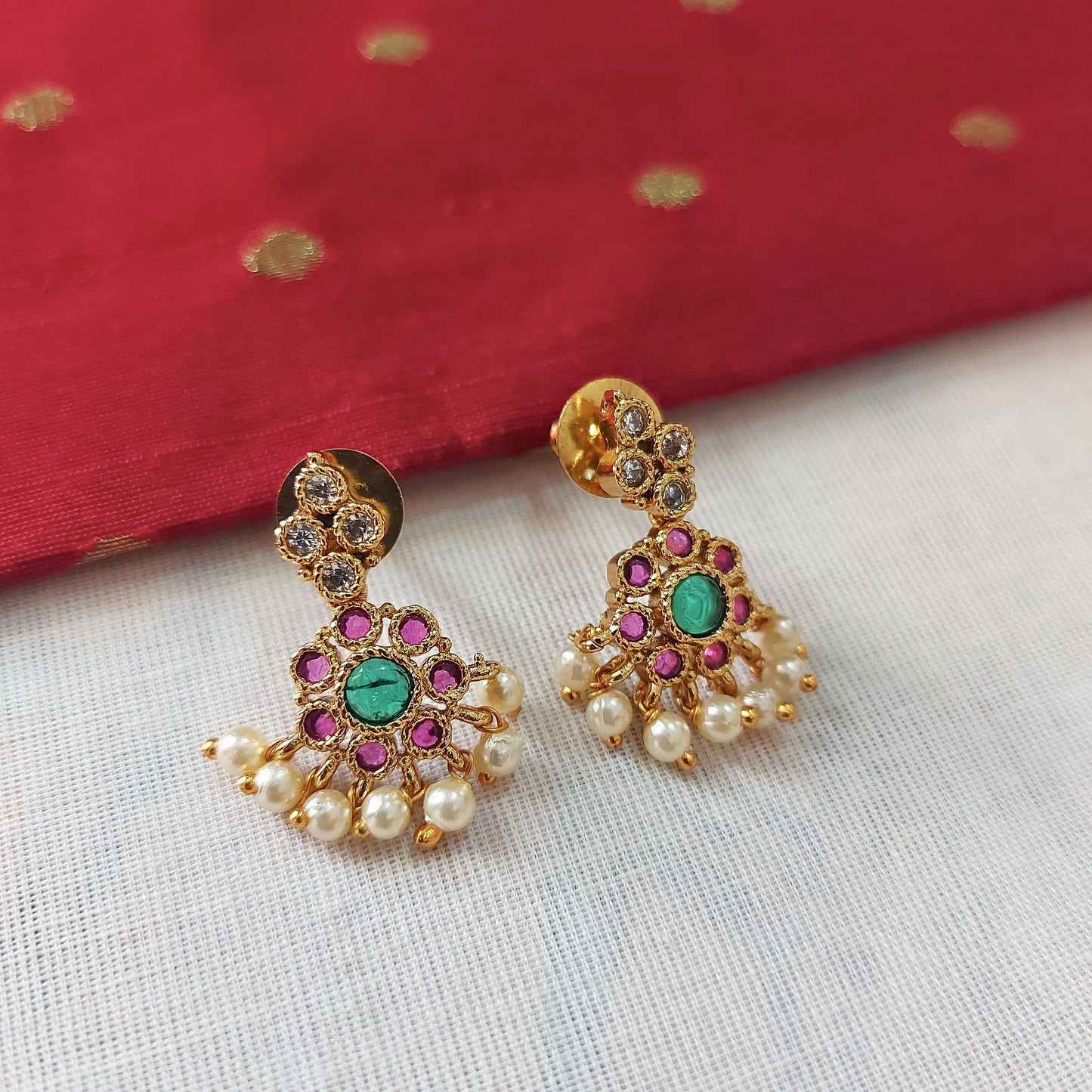 Ruby Emerald Pearl Necklace Set