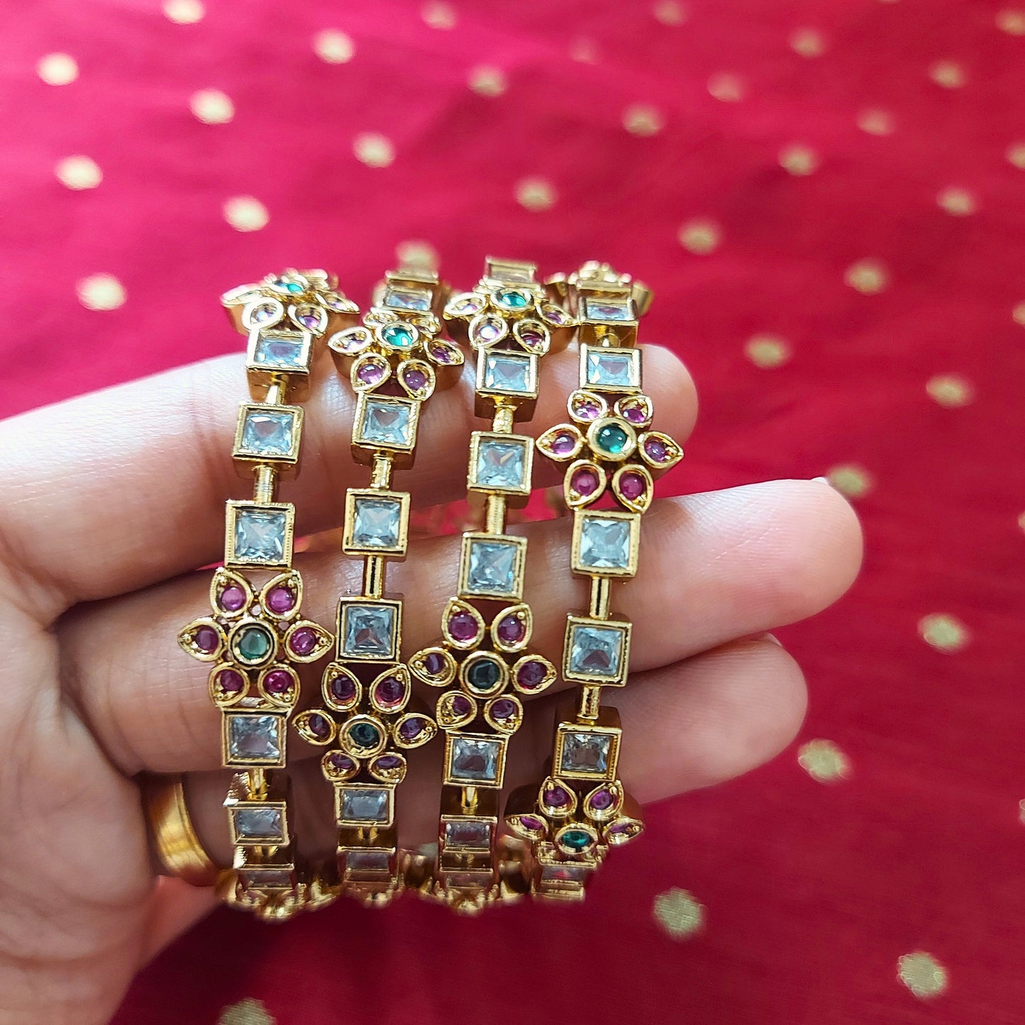 Floral AD Stone Bangles - Set of 2