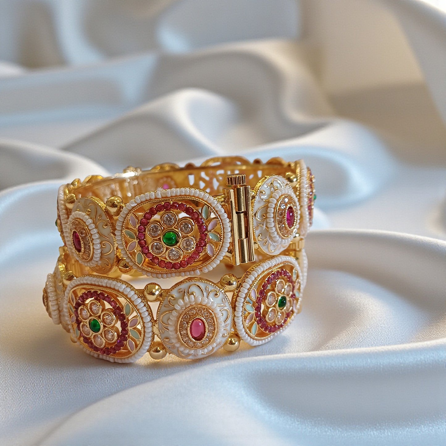Ivory Meenakari Floral Openable Single Bangle – Ruby & Emerald Accents