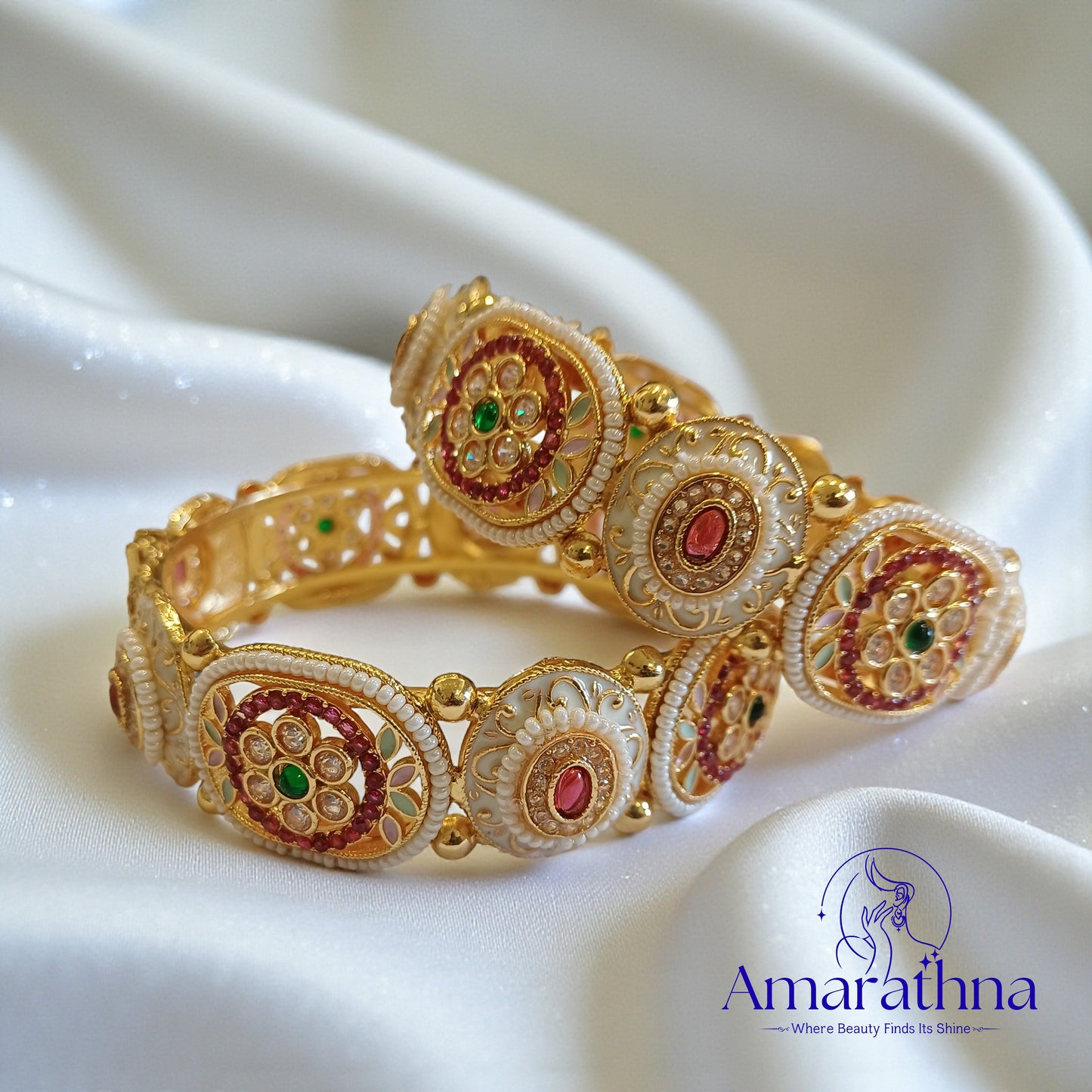 Ivory Meenakari Floral Openable Single Bangle – Ruby & Emerald Accents
