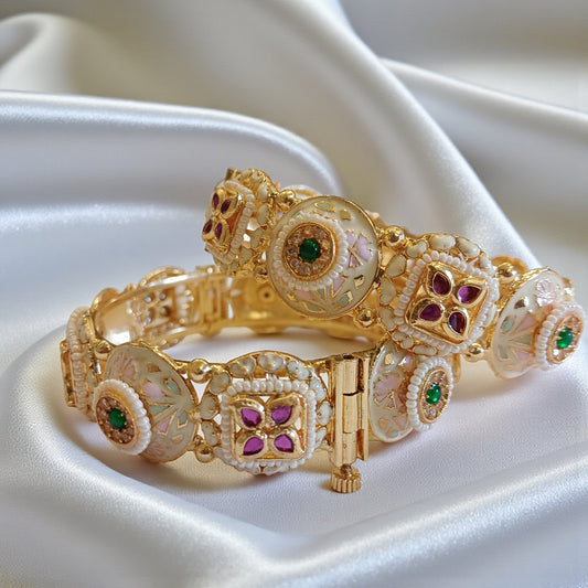 Ivory Meenakari Mixed-Motif Openable Single Bangle – Ruby Petals & Green Stones