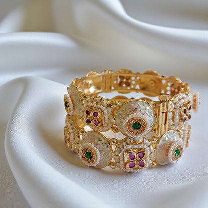 Ivory Meenakari Mixed-Motif Openable Single Bangle – Ruby Petals & Green Stones