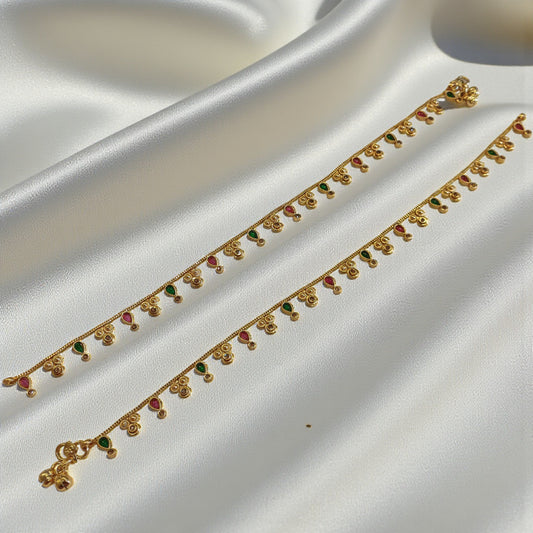 Gold Color Anklets with Ruby-Green Colored Stones