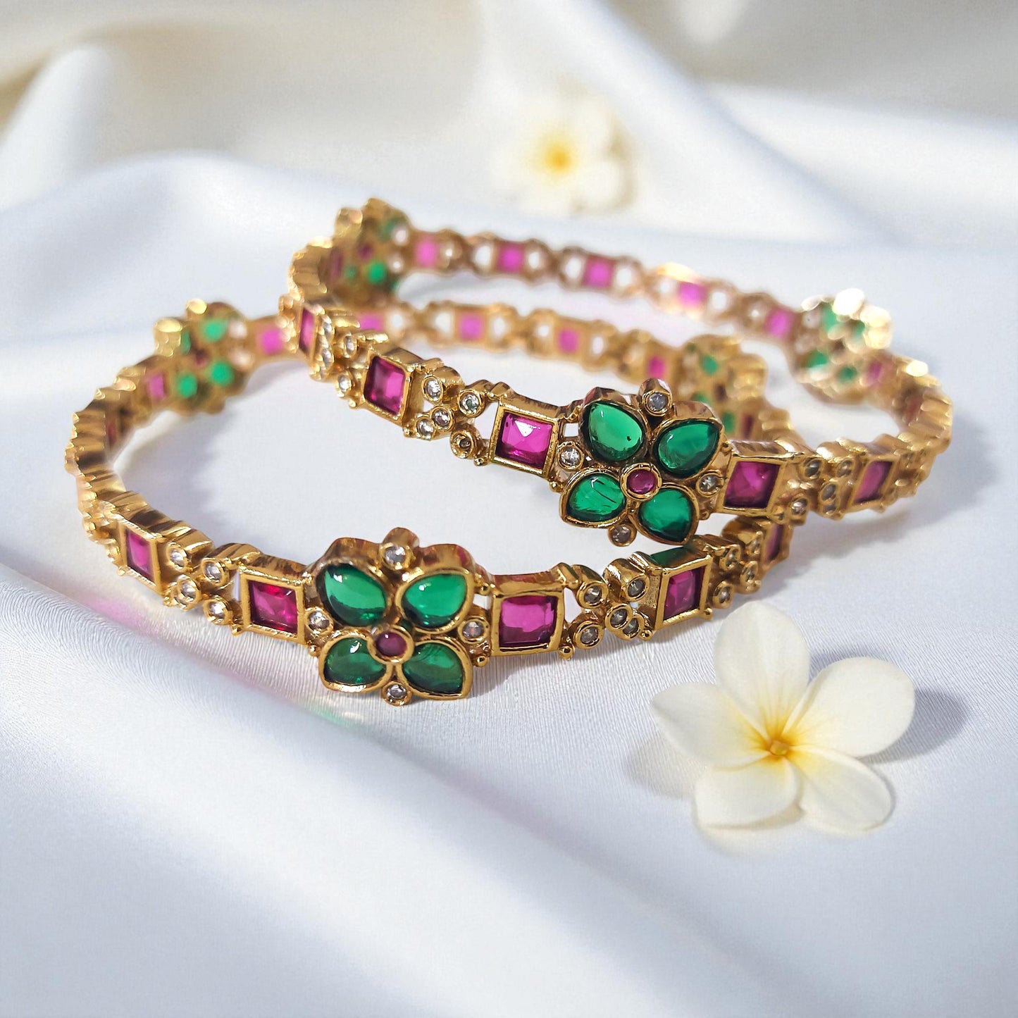 Floral AD Stone Bangles - Set of 2