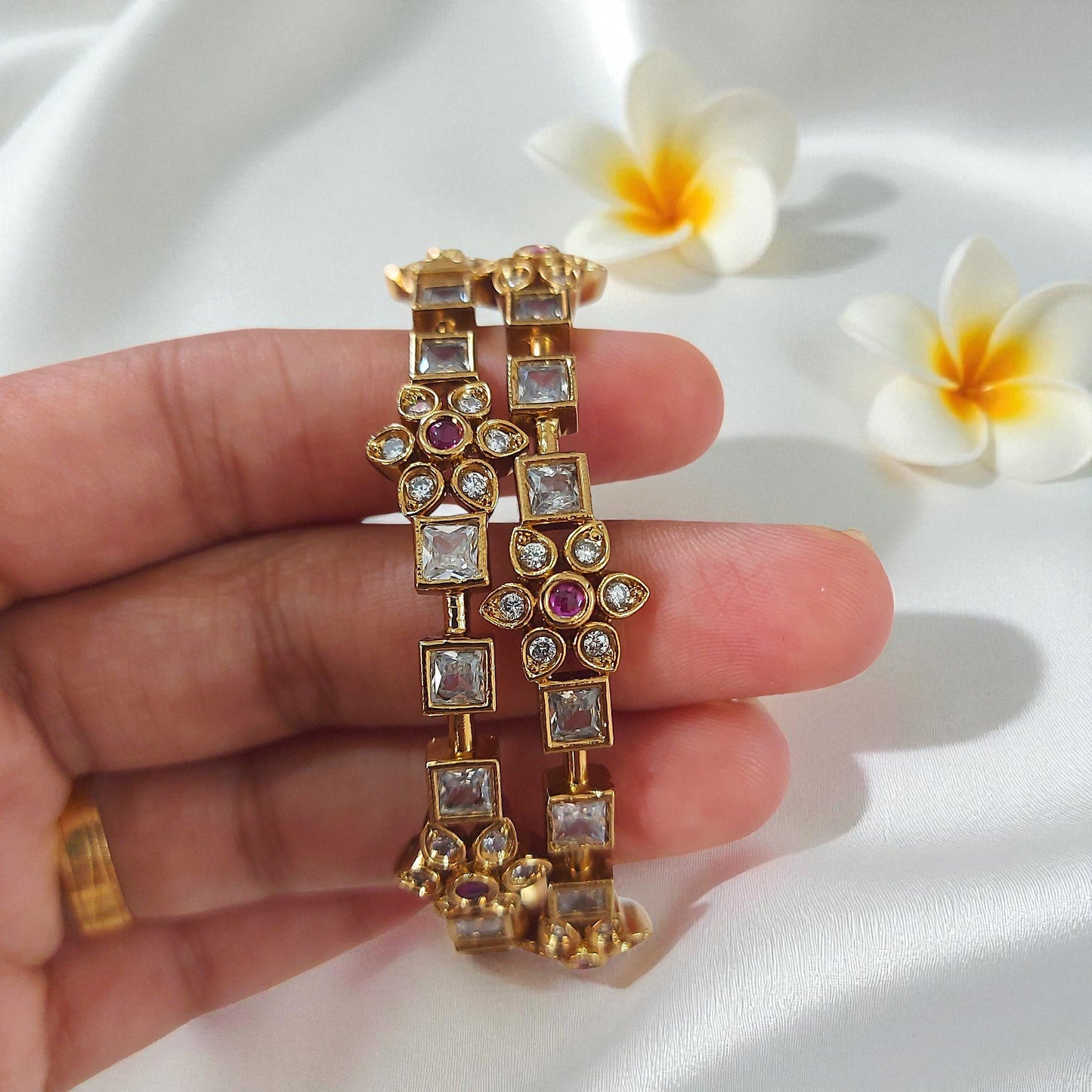 Floral AD Stone Bangles - Set of 2