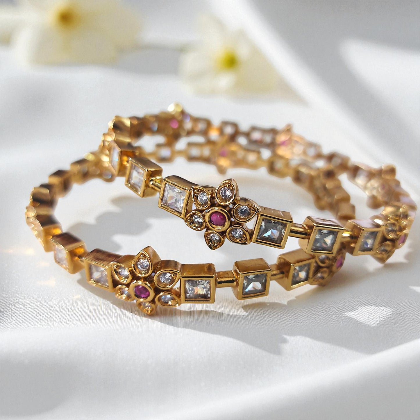 Floral AD Stone Bangles - Set of 2