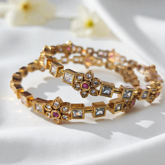 Floral AD Stone Bangles - Set of 2