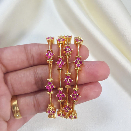 Ruby Stone Floral Bangles - Set of 2