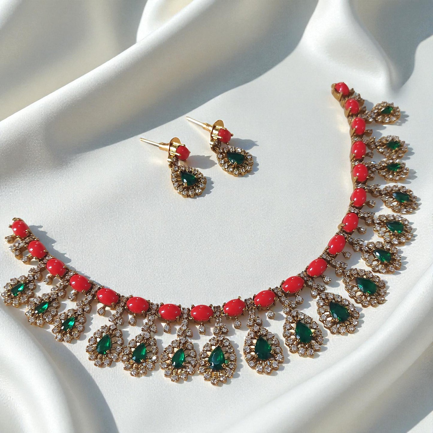 Coral & Emerald Drop Necklace Set