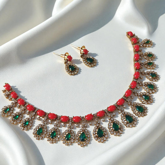 Coral & Emerald Drop Necklace Set