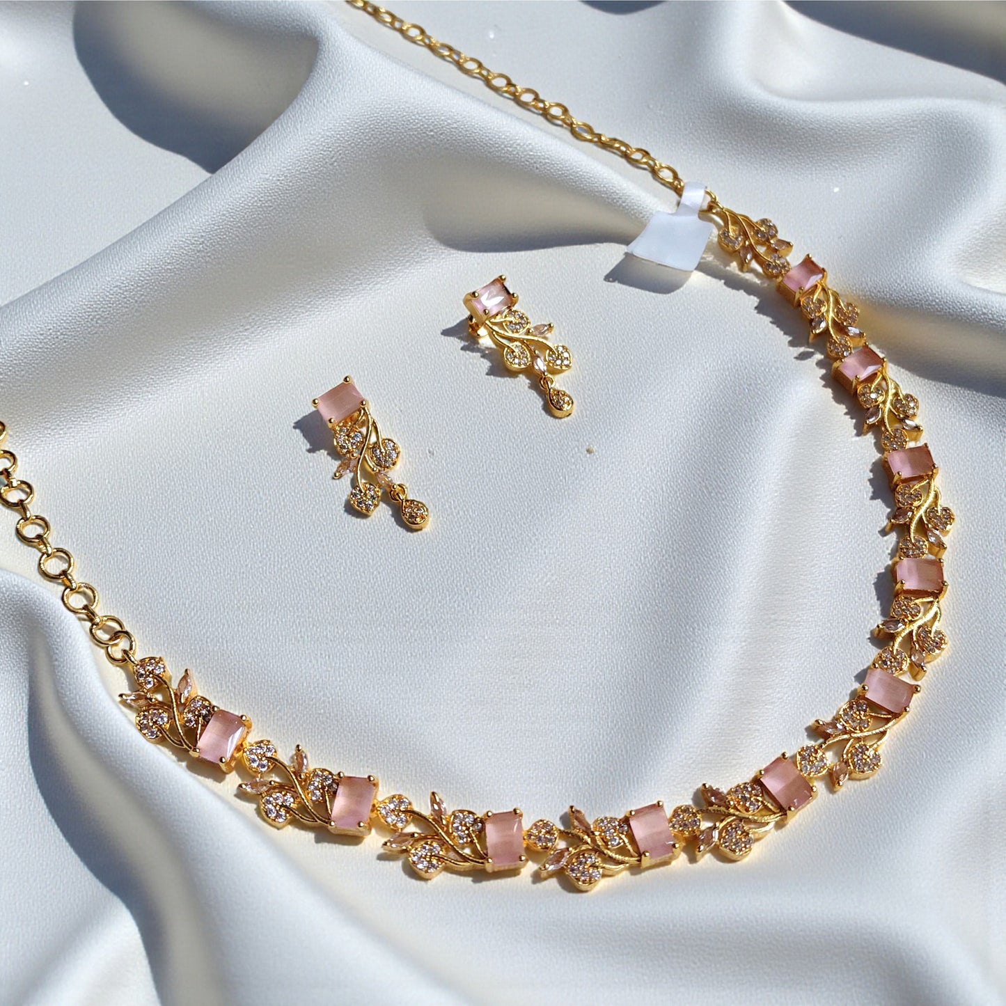 Pastel Pink Stone Gold Plated Necklace Set