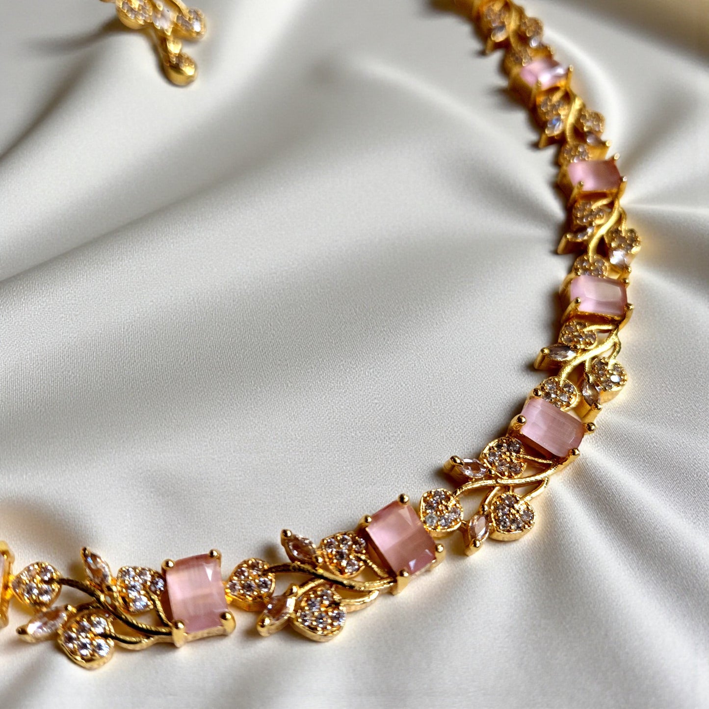 Pastel Pink Stone Gold Plated Necklace Set
